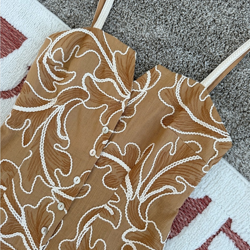 Elegant Brown Midi Dress with White Embroidery